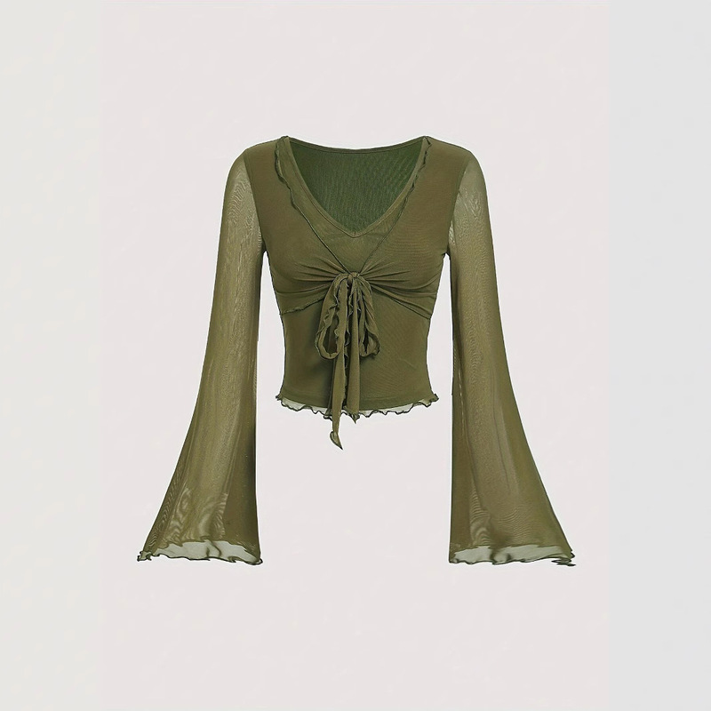 Design Sense Niche French Style Lace-up Long-sleeved Mesh Women's Spring Irregular Slim-fit Short Base Top T-shirt