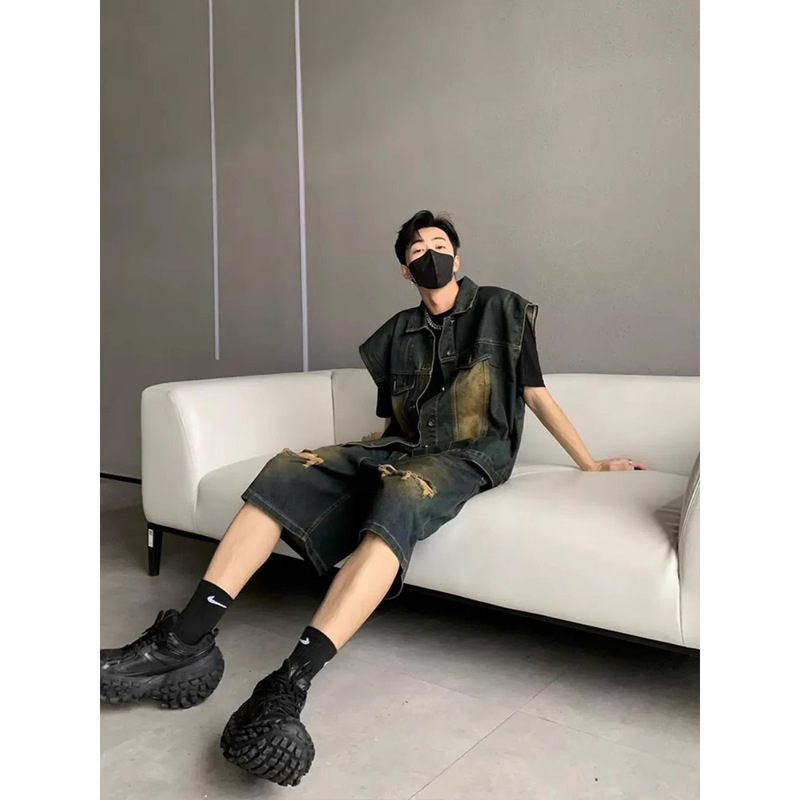 American Washed Distressed Vest and Jeans Suit for Men and Women in Summer Loose Sleeveless Jacket and Ripped Pants