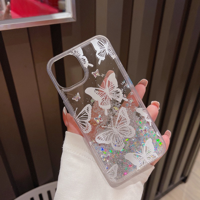 Convient pour iPhone 15 ProMax téléphone Apple 14 papillon paillettes rose patch diamant sables mouvants, étui de protection 12/13_voghion.com