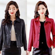 海宁皮衣女新款休闲时尚百搭钮扣款皮夹克皮衣女外套