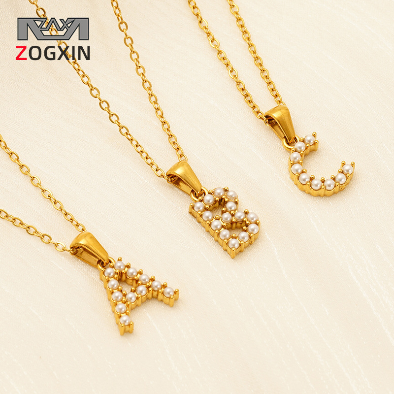 欧美跨境ins风简约字母十字链时尚镶珍珠百搭小字母吊坠项链批发