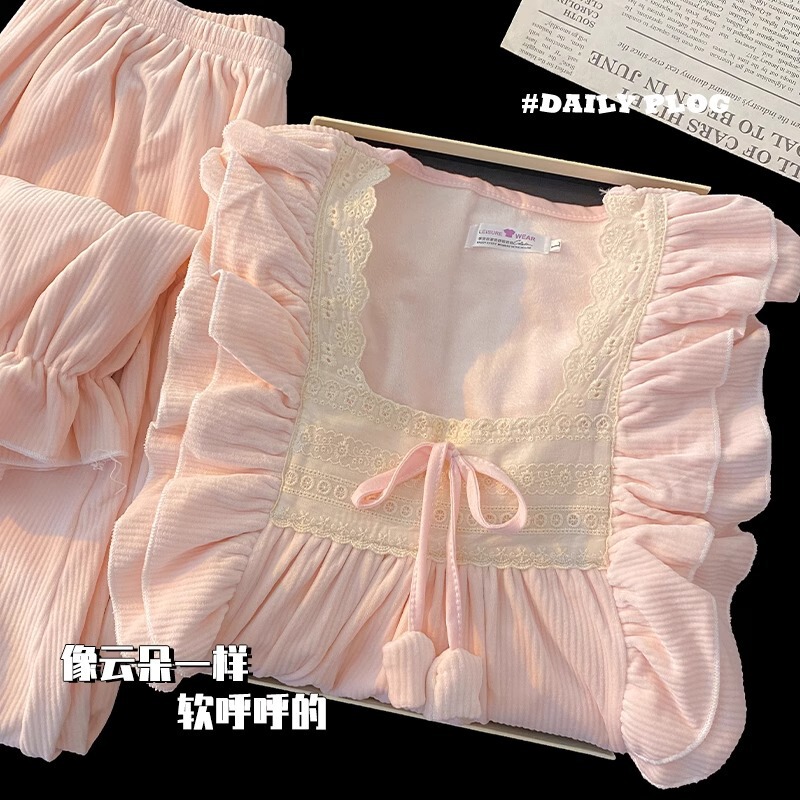 Pajamas women's island velvet long-sleeved autumn and winter thickened fleece-lined sweet princess style outerwear small homewear