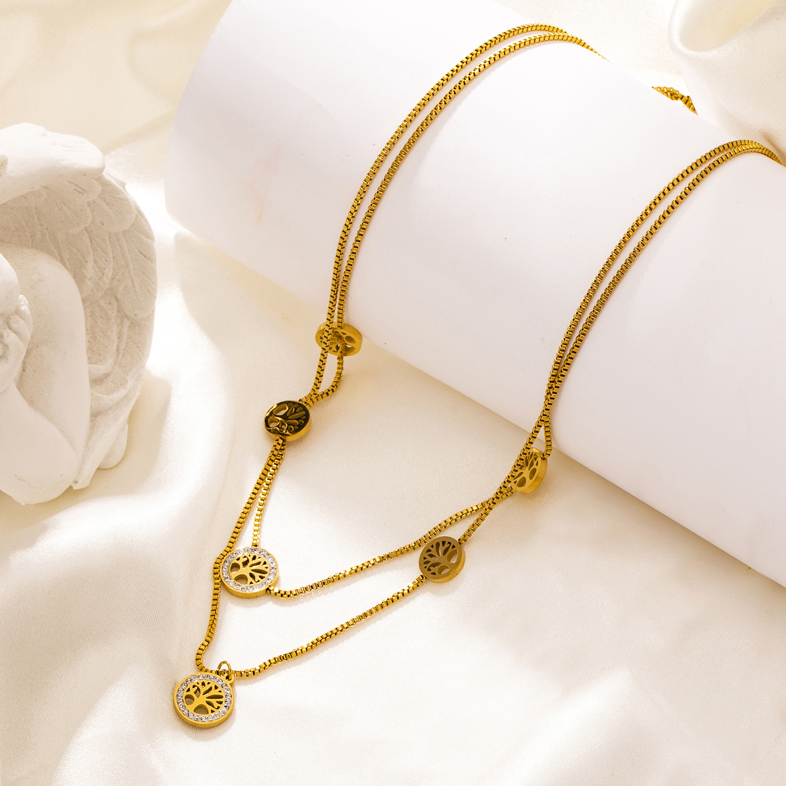 Ethnic Style Tree Stainless Steel Titanium Steel Plating Hollow Out Inlay Zircon Layered Necklaces 1