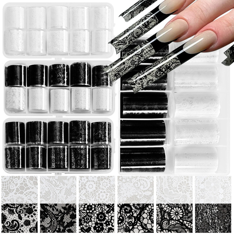 Black and White Lace Pattern Nail Art Transfer Paper 10 Rolls 2.5 X 50cm Cut Out Lace Sensual Starry Sky Transfer Stickers