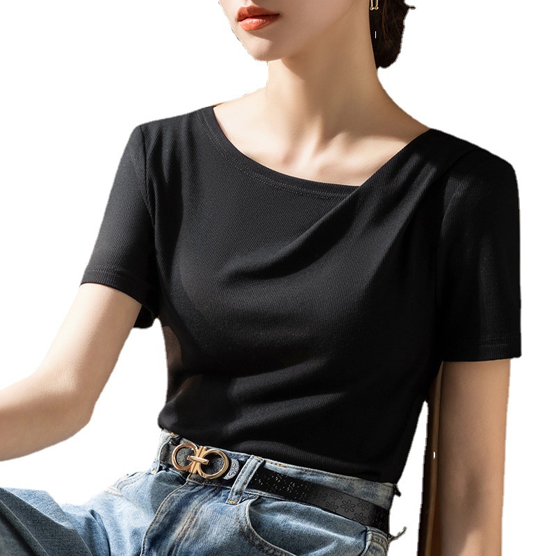 Camiseta modal de manga corta para mujer 2023 nuevas mujeres europeas fuera del hombro swing collar color sólido camiseta plisada cintura superior image 5