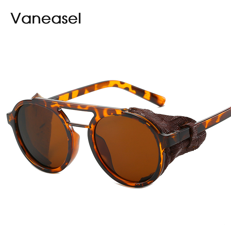 Fábrica al por mayor europea y americana ronda gafas de sol hombres gafas de sol de moda Steampunk imitación cuero doble haz gafas de sol 97042