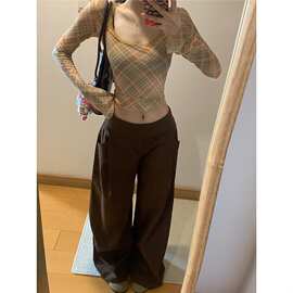 原版面料美式辣妹格纹网纱U领长袖t恤女秋修身显瘦内搭打底衫上衣