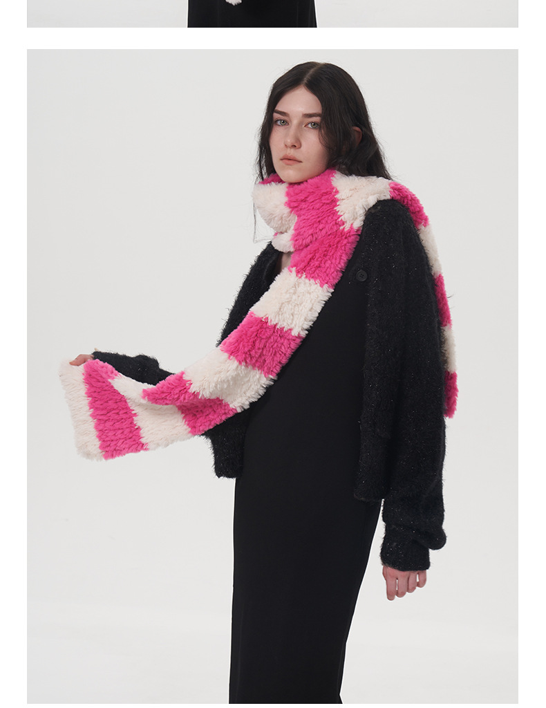 Women's Scarves Soft striped two-color plush scarf for women winter new warm thickened versatile cute knitted scarf scarf_voghion.com