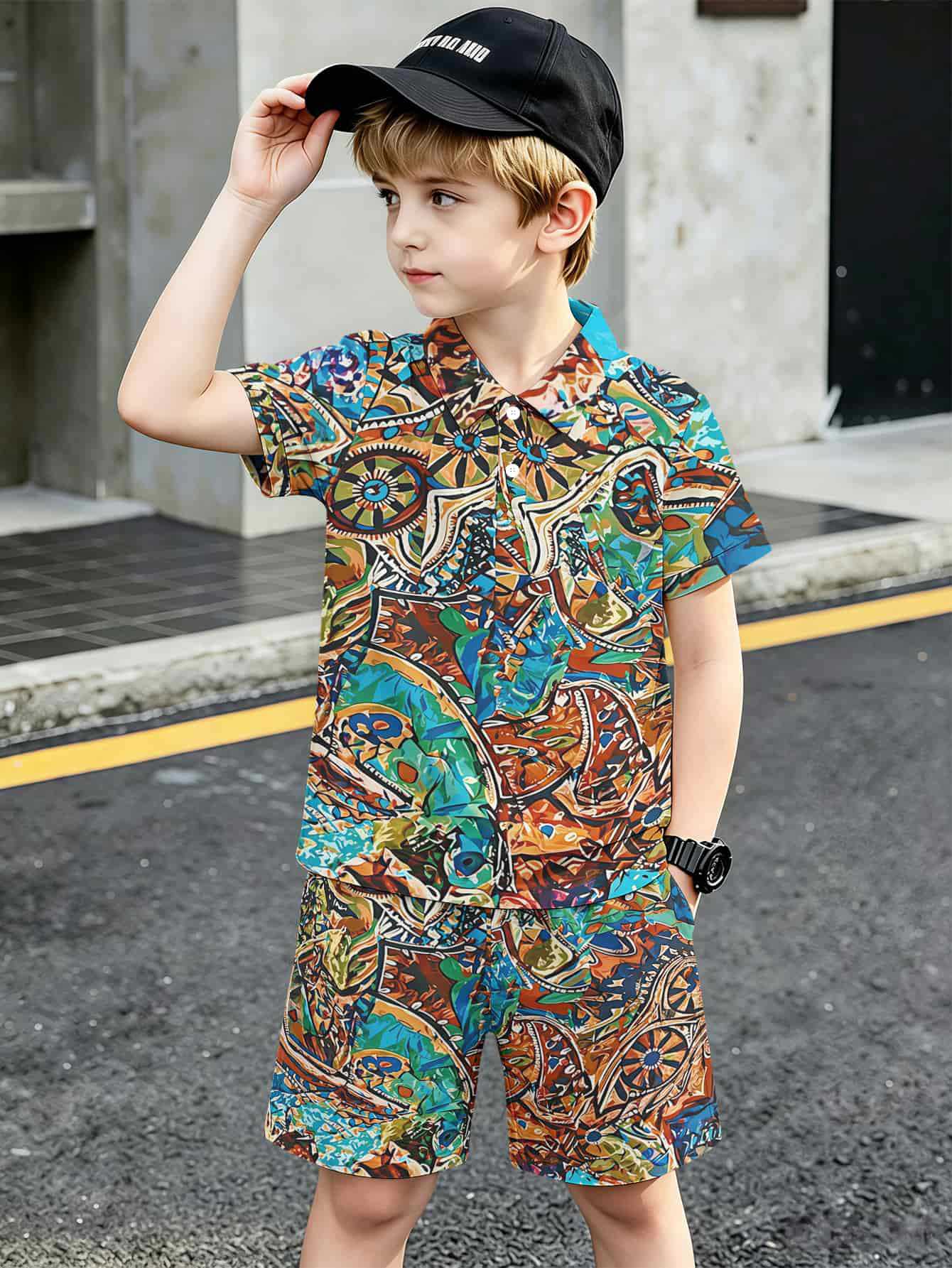 Ensemble polo et short style ethnique pour garçon européen_voghion.com