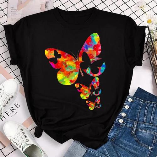 Fashionable Women's T-Shirt with Colorful Butterfly and Petal Print Short-Sleeve and Round Neck Cute Graphic T-Shirt Top for Girls