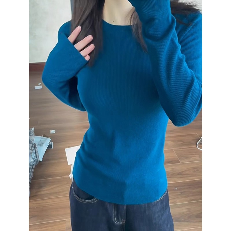 专柜撤回大牌剪标女装牛油果绿长袖针织衫女秋款休闲简约打底上衣