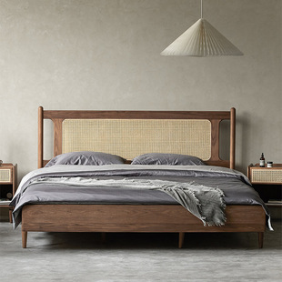 Modern and simple 1.8-meter elm solid wood rattan Nordic bed double bed furniture black walnut log wabi-sabi style bed