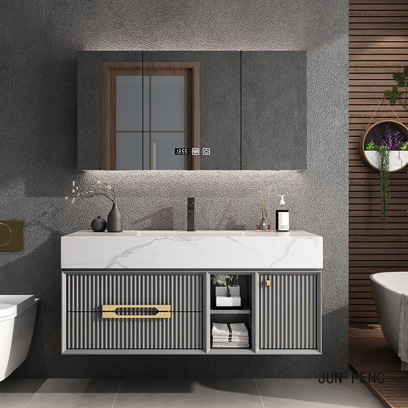 Smart Luxury Stone Slab Seamless Integrated Basin Bathroom Cabinet Set Washbasin Bathroom Suite Vanity Unit