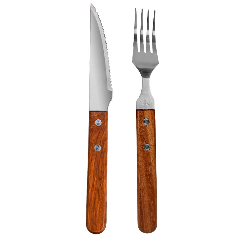Fábrica al por mayor mango de madera cuchillo y tenedor de filete set cubiertos dos piezas set snack tenedor cubiertos de acero inoxidable occidental