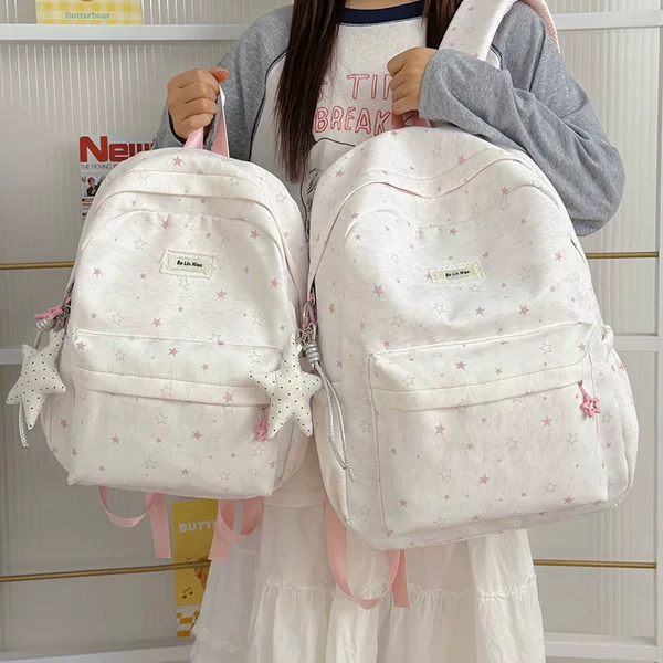 Star backpack for soft girl style, suitable for daily school use, cute and sweet backpack for students and friends to travel with
