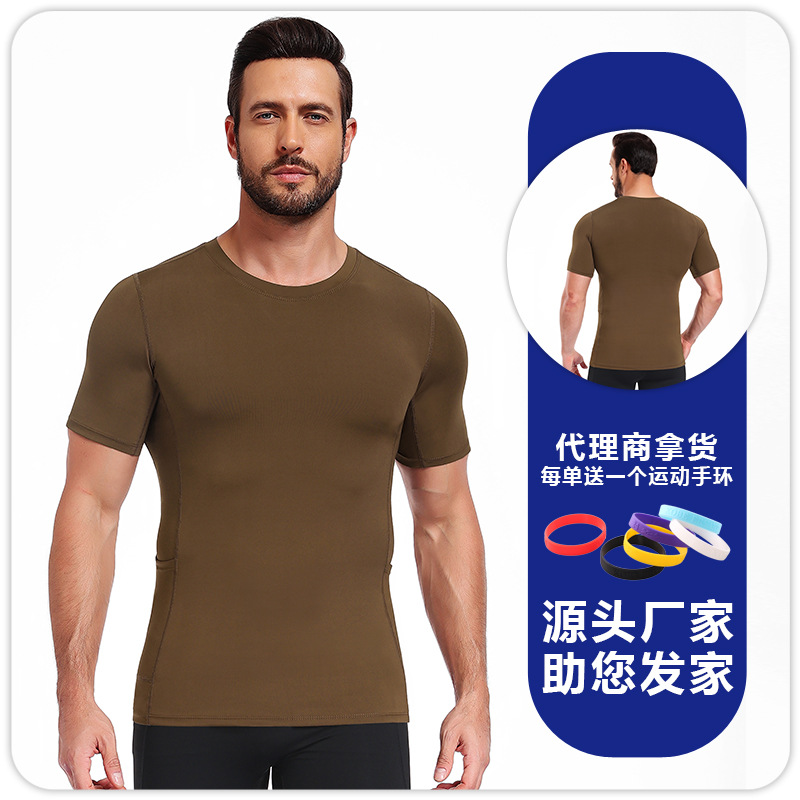 Camiseta de cuello redondo para hombre de doble bolsillo lateral de alta elasticidad y velocidad de secado transpirable camiseta de base deportiva de color sólido, delgada, manga corta image 10