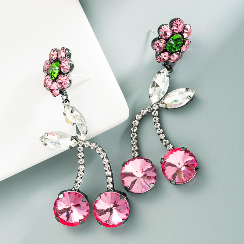 Korean Style Pink Cherry Flower Full Diamond Long Earrings display picture 5