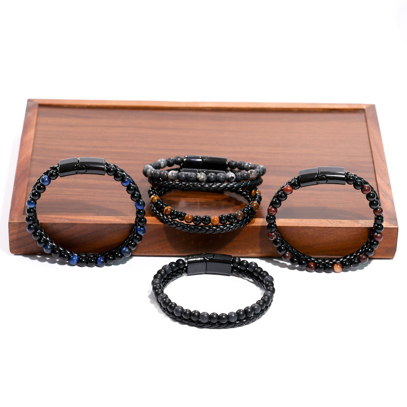 Longhe nuevos hombres europeos y americanos de aleación de cuero cuerda pulsera de piedra natural doble piedra de ojo de tigre piedra volcánica pulsera de cuentas