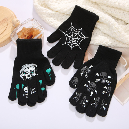 Adult Knitted Glue-Dot Gloves, Screen-Printed Wool Warm Finger-Separated Gloves, Winter-Season Printed Cartoon Five-Finger Gloves