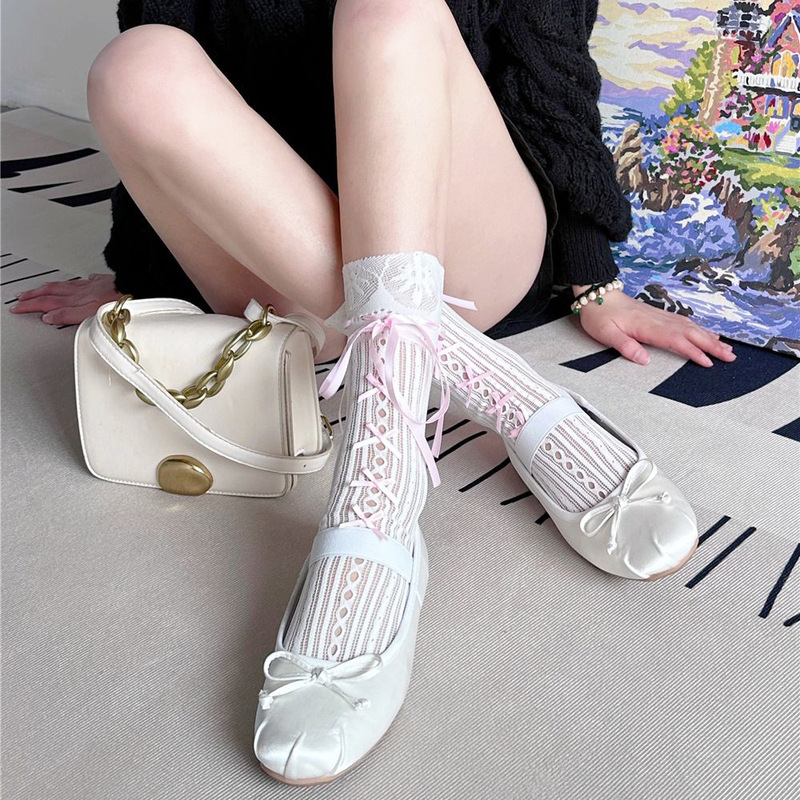 Spring and summer ribbon bow hollow lace socks ballet wind striped fishnet socks short socks two-wear calf socks