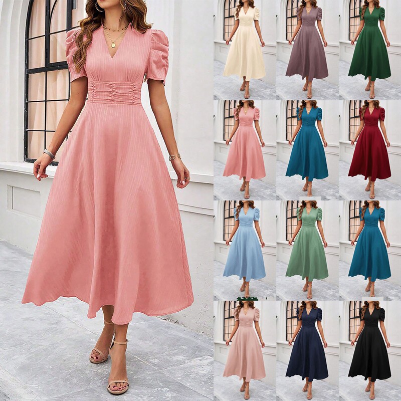 2026 Cross-Border Spring/Summer Amazon Women's Fashionable and Elegant High-Waisted Solid Color Waist-Cinching Short-Sleeve Dress