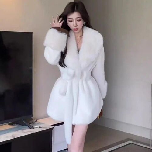 2025 Autumn/Winter New Plush Collar Winter Fitted Fox Faux Fur Coat Thick Warm Medium Length Fashion Overcoat