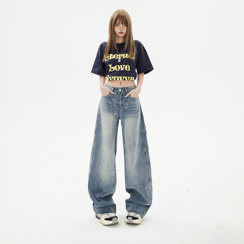 アメリカンレトロワイドレッグジーンズ女性秋ハイウエストストレート梨型ボディルーズシルエット鎌パンツスモールパンツ|undefined