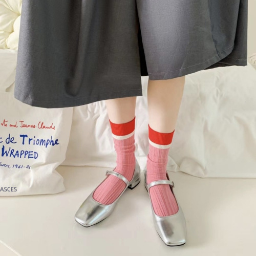 Light luxury internet celebrity color-blocking mid-tube socks for men and women ins trendy modern retro pile stockings for girls pink pure cotton stockings
