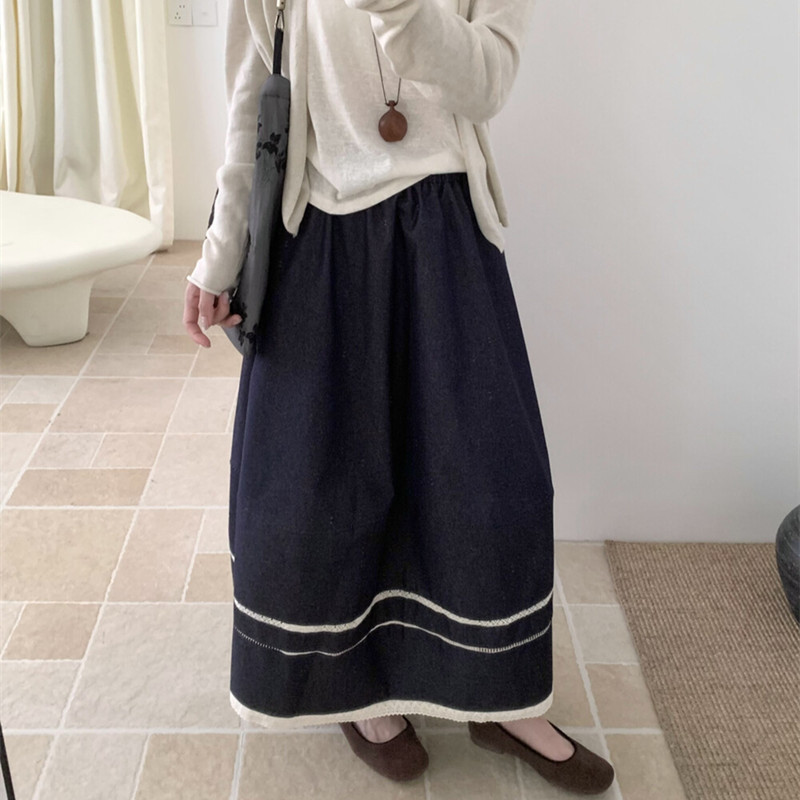 日系文艺范拼接牛仔女宽松高腰显瘦花苞裙半身裙|undefined