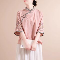 中国風の上着の女性の早秋2025レトロな中国式の唐は盤を掛けて襟の刺繍の綿麻の婦人服のお茶の服のシャツを掛けます。