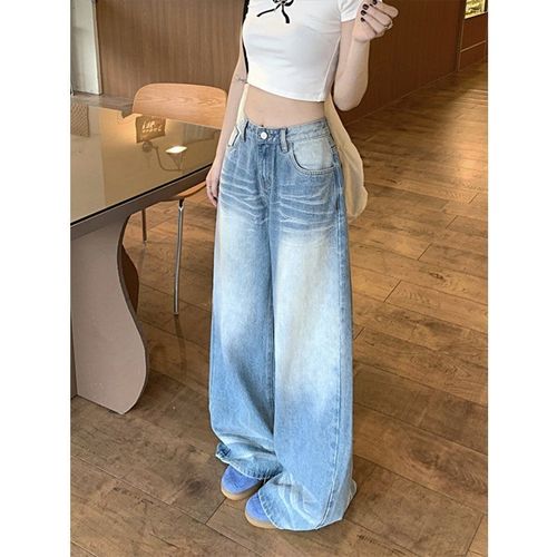 145 Petite Retro Distressed Whitened Wide-Leg Denim Jeans for Women - Fall and Summer High-Waisted Loose Floor-Length Straight Leg Pants
