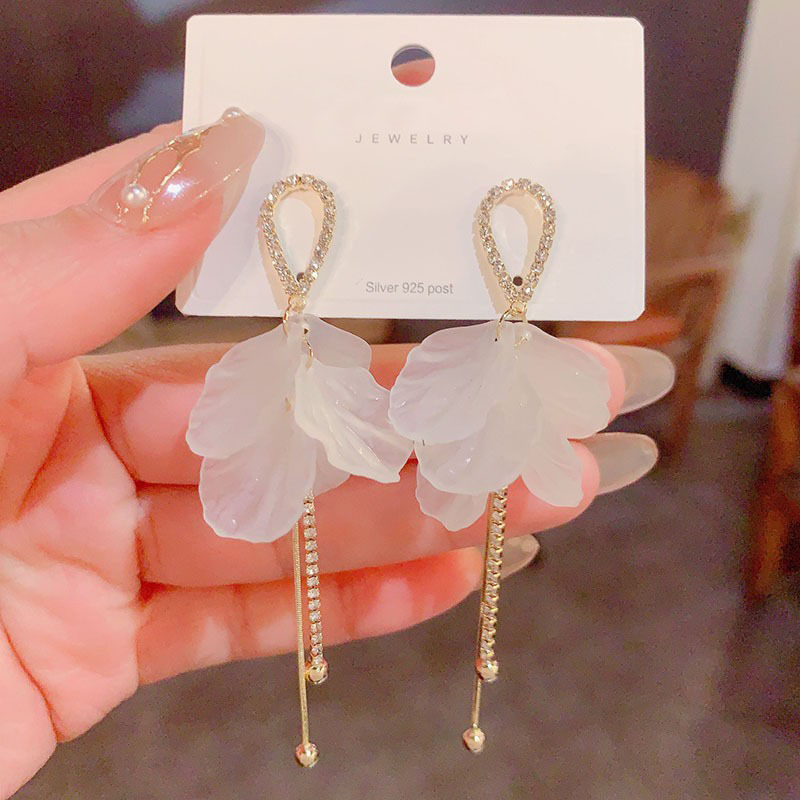 日韓氣質時尚長款白花瓣流蘇耳環甜美超仙簡約小清新銀針耳釘耳飾