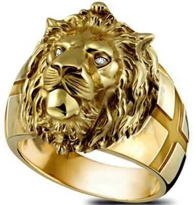 wish electroplated gold lion head men's ring European and American personalized cross ring men's jewelry