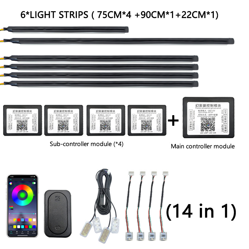 Automóvil todo el vehículo escondido luz de atmósfera universal sin cable roto APP de doble control de luz de atmósfera interior colorida luz decorativa LED