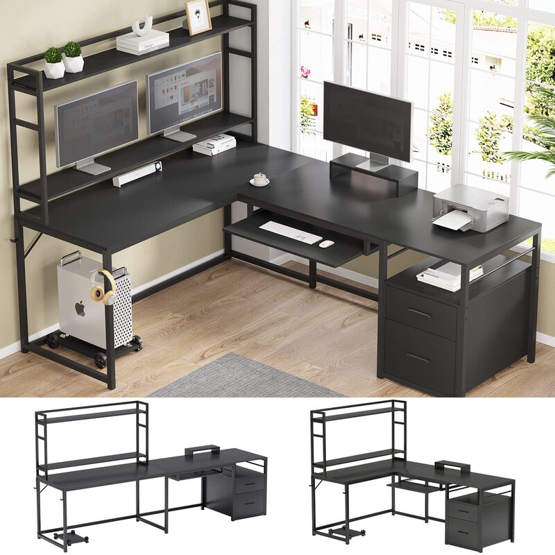 L Shaped Desk with Hutch, Home Office Desk with File Drawer, with Keyboard Tray, Monitor Support