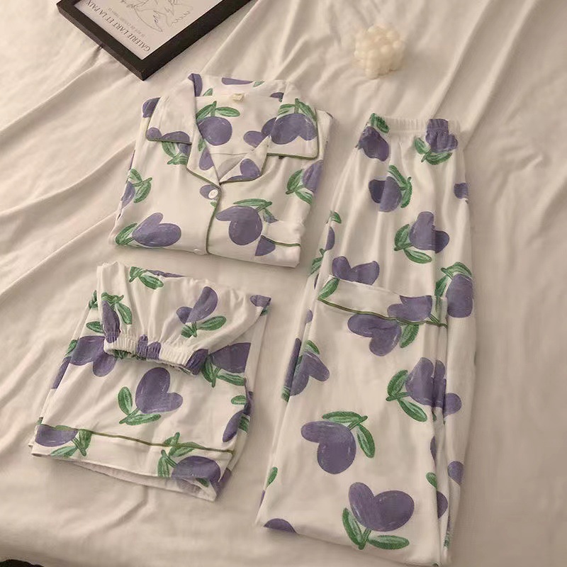 Pijamas de alta gama para mujer, conjunto de tres piezas con cárdigan a rayas de manga corta para verano, se puede usar en exteriores, conjunto de ropa para el hogar para primavera y otoño de 2025
