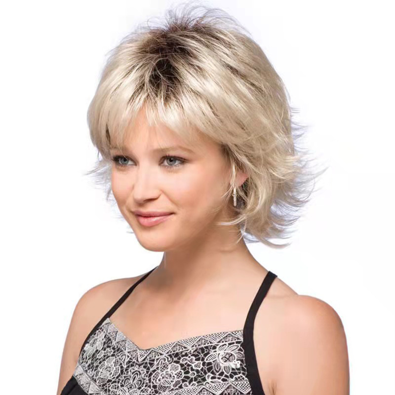 European and American Women's Wig Anti-upturned Short Curly Hair Middle-aged and Elderly White Daily Wig Cover Gradient Light Gold