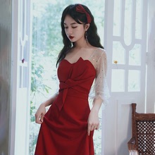 敬酒服新娘2023新款夏季長袖小禮服紅色平時可穿訂婚連衣裙小個子