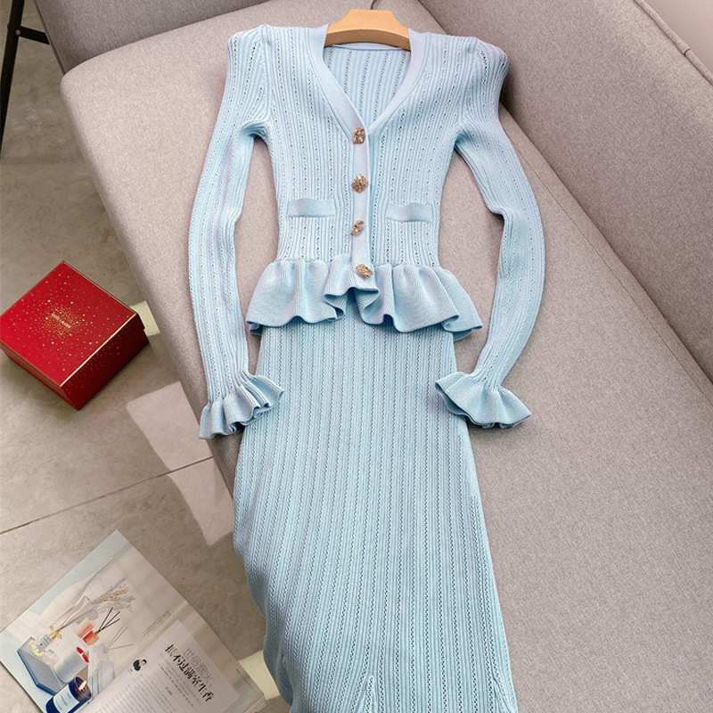 Youomuoo Brand Fashionable One-Piece Knitted Floor-Length Dress for Women, Elegant V-Neck Ruffled Slim-Fit Sweater Dress Youomuoo Brand Fashionable One-Piece Knitted Floor-Length Dress for Women, Elegant V-Neck Ruffled Slim-Fit Sweater Dress