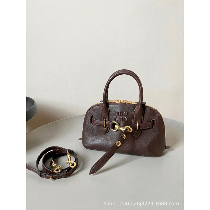 Miu ミュウ ソフトシープスキン シェルバッグ レトロ 本革 ボウリングバッグ Miu ボストン ポータブル ショルダー クロスボディ レディースバッグ|undefined
