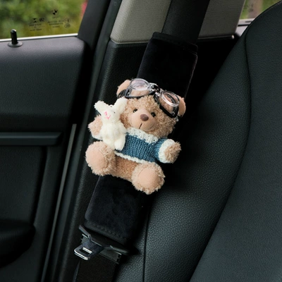 pad car safety belt set — Seat belt shoulder pad - white-edged-light-blue-sweater-hugging-rabbit-bear-black-velvet-shoulder-pads