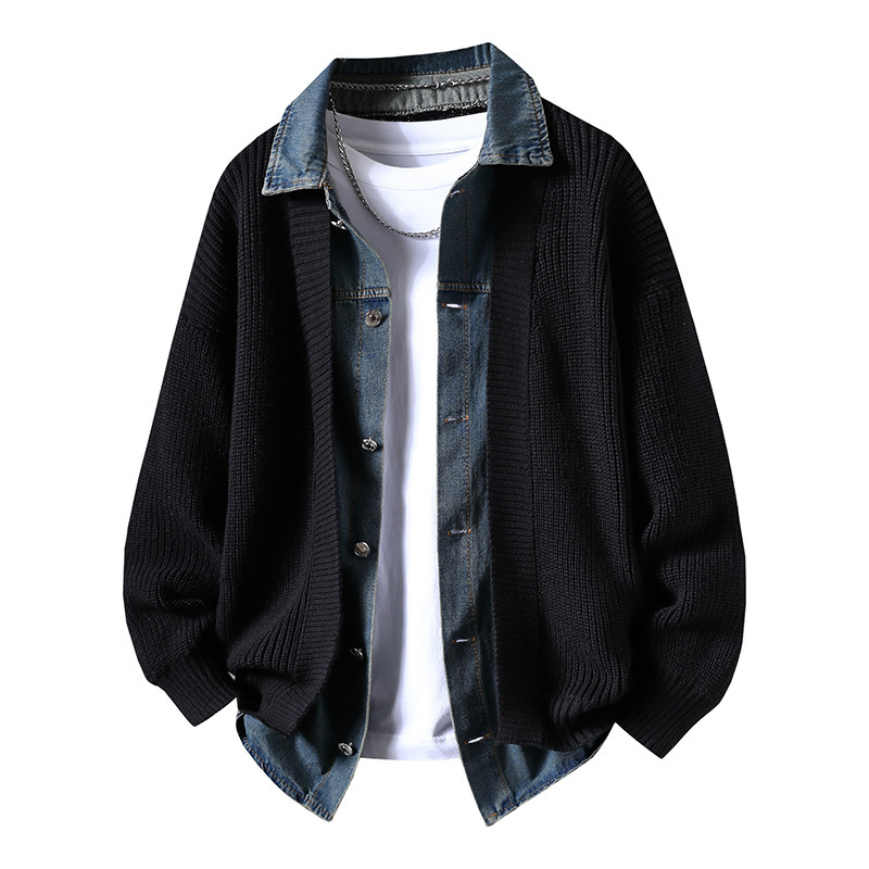 Denim Splicing Fake Two-Piece Cardigan Knitwear Jacket Men's Autumn and Winter Design Knitwear Casual Loose Knitwear
