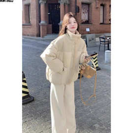 羊羔毛拼接羽绒棉服女短款冬季新款小个子超好看加厚外套