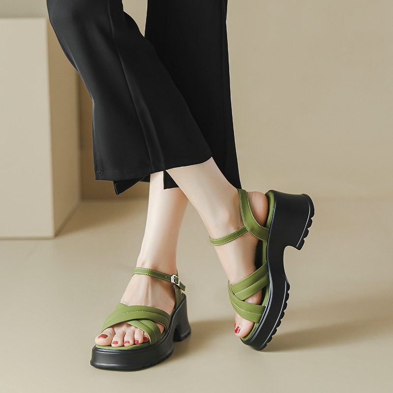 Mustard Green Chao Whitening Roman Chunky Heel Platform Sandals for Women with High Heels and Cross Strap Buckle Shoes
