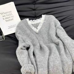 韩系灰色蕾丝拼接V领针织衫毛衣女秋冬感时尚百搭宽松上衣潮