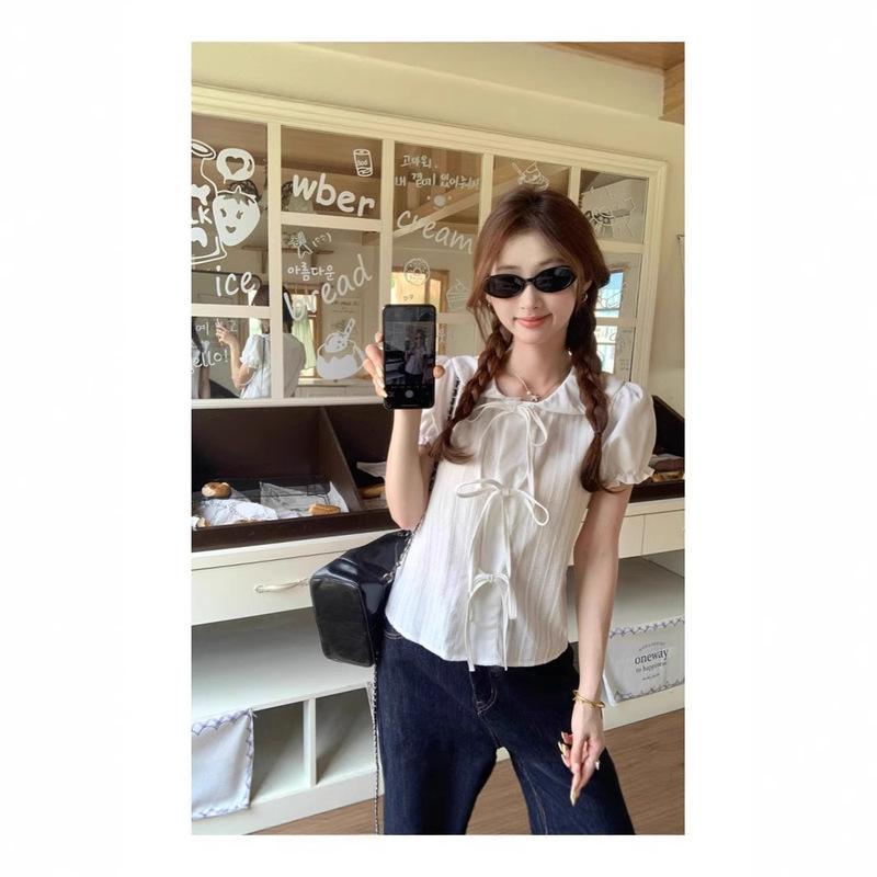 Korean White Doll Collar Bow Tie Shirt Summer New Slim Fit Versatile Fashionable Short-Sleeved Top