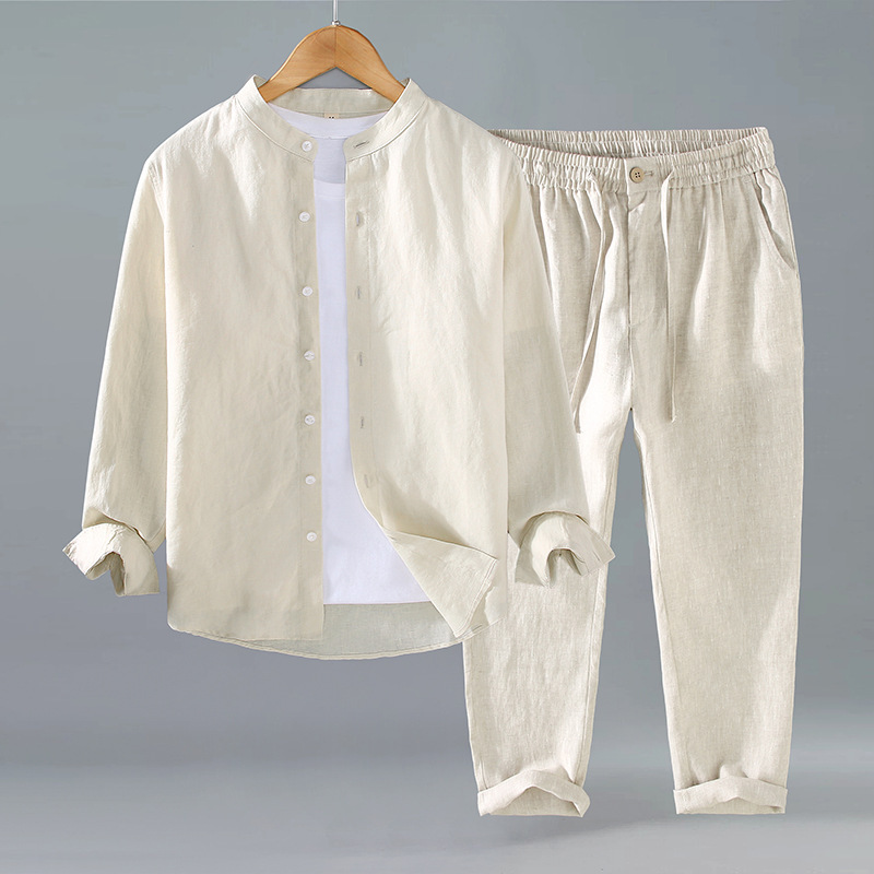 Spring and Autumn Suit Pure Linen Men's Long-Sleeved Shirt Chinese Style Stand-Up Collar Shirt Large Size Loose Versatile Breathable and Comfortable Spring and Autumn Suit Pure Linen Men's Long-Sleeved Shirt Chinese Style Stand-Up Collar Shirt Large Size Loose Versatile Breathable and Comfortable