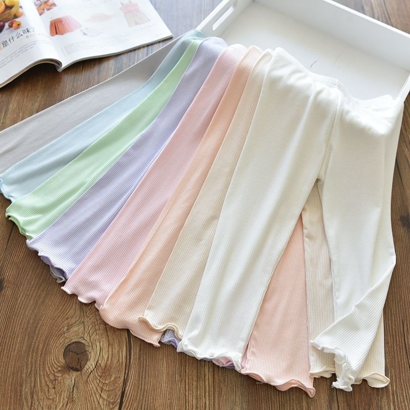Girls' Macaron Ruffled Elastic Ice Silk Ribbed Slim Fit Korean Style Leggings for Kids and Babies, Thin Pants for Summer Trend