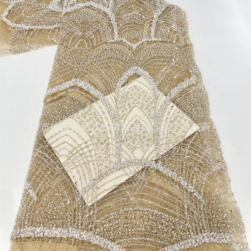 Tejido de bordado de tubo de perlas de alta moda vestido de boda tejido de moda Gaoding tejido de bordado de sequillas industria pesada image 4