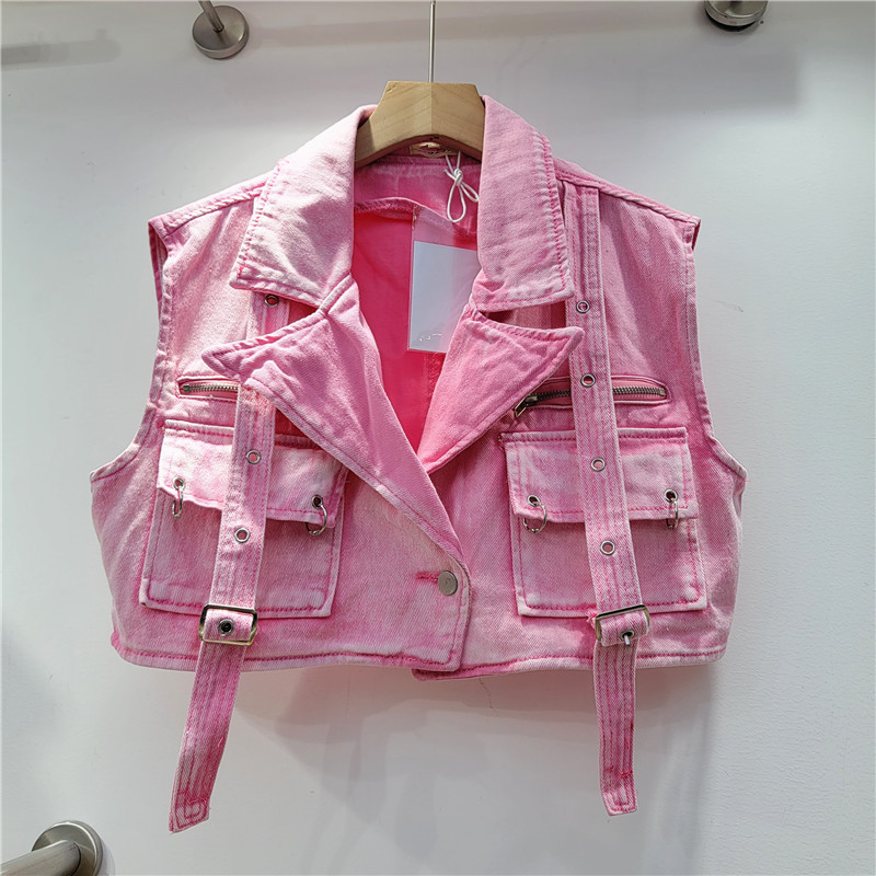 Estilo europeo y americano nuevo diseño personalidad edad-reducción Rosa ropa de trabajo gran bolsillo cinta Denim chaleco abrigo para las mujeres